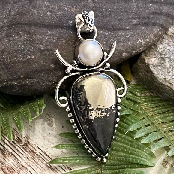 Apache Pyrite & Natural Pearl Sterling Silver Gemstone 2.5” Pendant - Picture 4 of 6